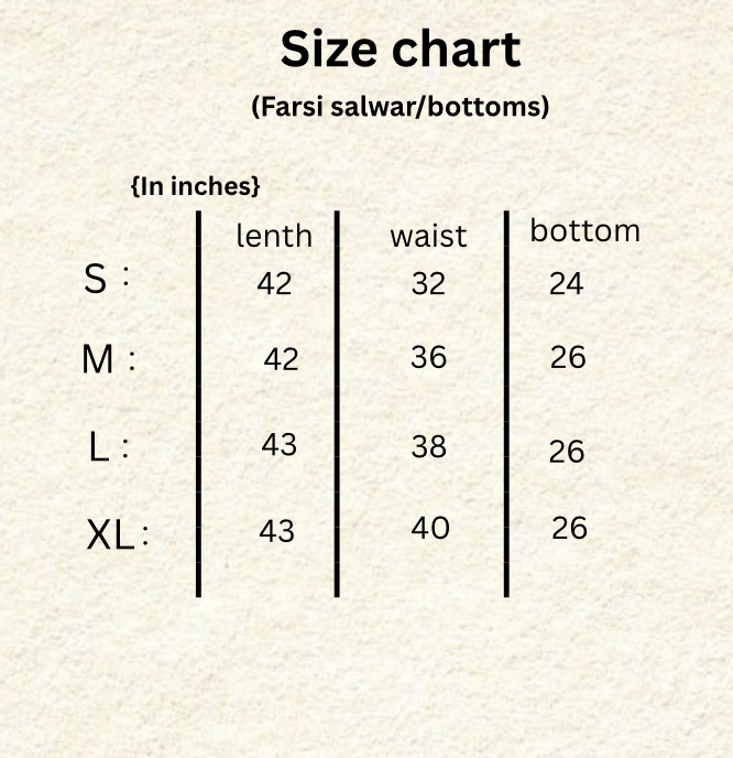 Size chart for Raghavi farsi salwar and bottoms — length, waist, and bottom in inches