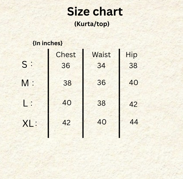 Size chart for Raghavi kurta and top — chest, waist, and hip in inches